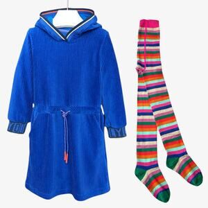 Oilily Velvet Rib Hoodie Sweat Dress and Striped Tights, Size 110 (5yr), Blue